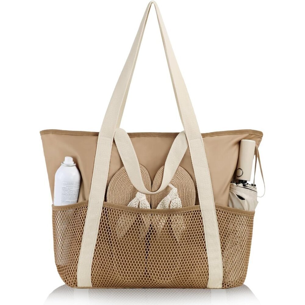 Women Khaki Beach Bag Large Waterproof Sandproof Foldable Tote With Zipper Mesh